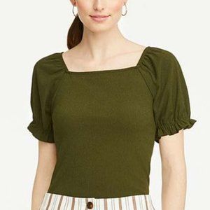 Ann Taylor Puff Sleeve Square Neck Blouse - NWT, M, Olive Green